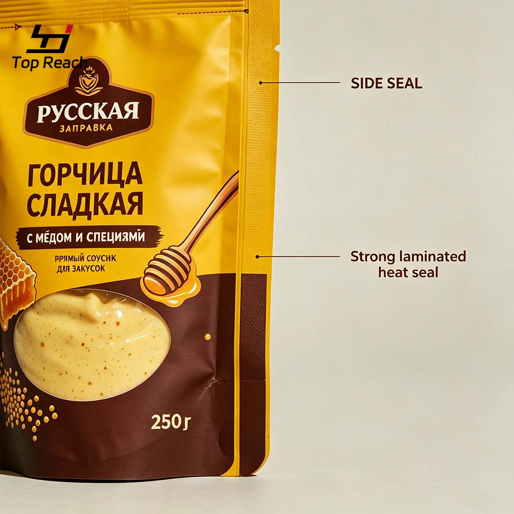 Stand‑Up Pouch With Clear Window for Sauce